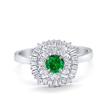 Halo Engagement Ring Baguette Simulated Green Emerald CZ 925 Sterling Silver